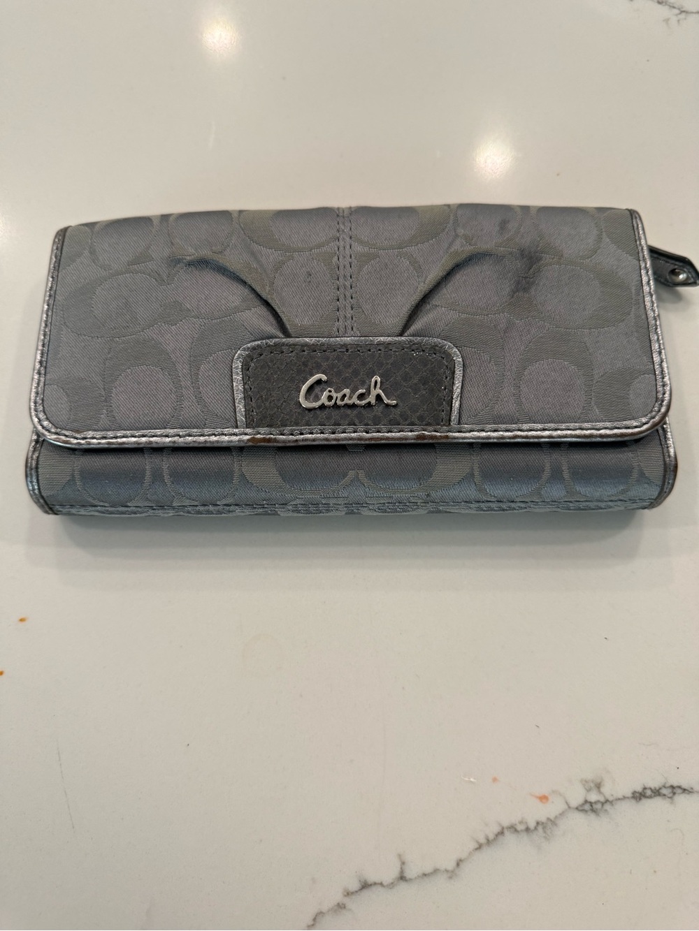 Coach Gray Signature Continental Wallet with Logo Plaque